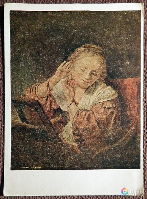 Открытка. Худ. Рембрандт "Девушка примеряющая серьги". 1948